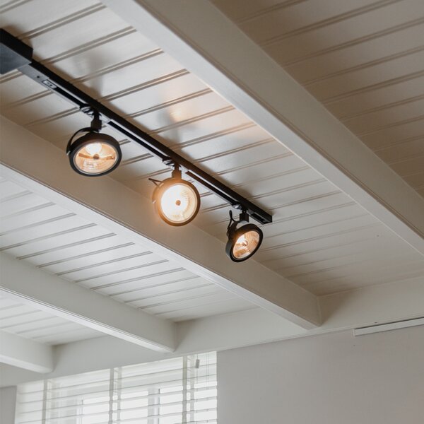 Sistema di illuminazione a binario moderno con 3 faretti neri monofase - Iconic Go