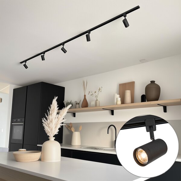 Sistema di illuminazione a binario moderno con 5 faretti nero 1 fase - Iconic Jeana