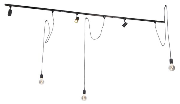 Sistema di illuminazione a binario moderno con 3 faretti e 3 luci a sospensione nero monofase - Iconic Cavalux Jeana