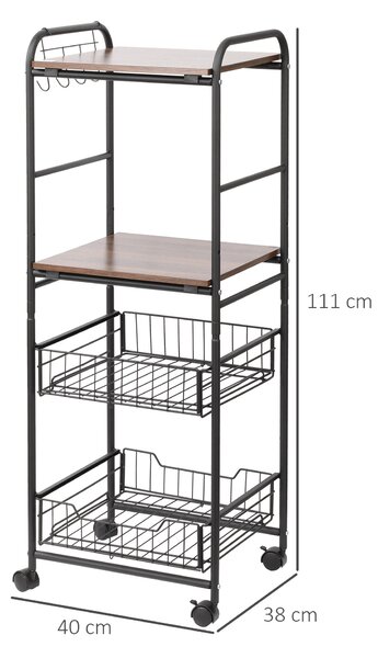 HOMCOM Carrello Cucina 2 Cesti Estraibili Metallo, Ripiani in Legno Truciolato, Ganci Laterali, 40x38x111cm - Versatile|Aosom