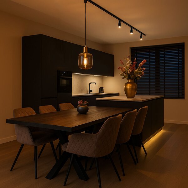 Lampada a sospensione intelligente nera con oro e vetro fumé incl. Wifi G95 - Zuzanna