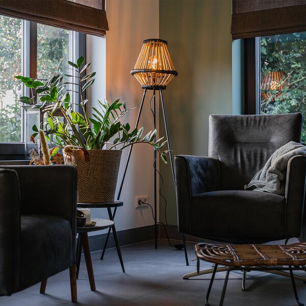 Lampada da terra a treppiede orientale in bambù con nero - Evalin