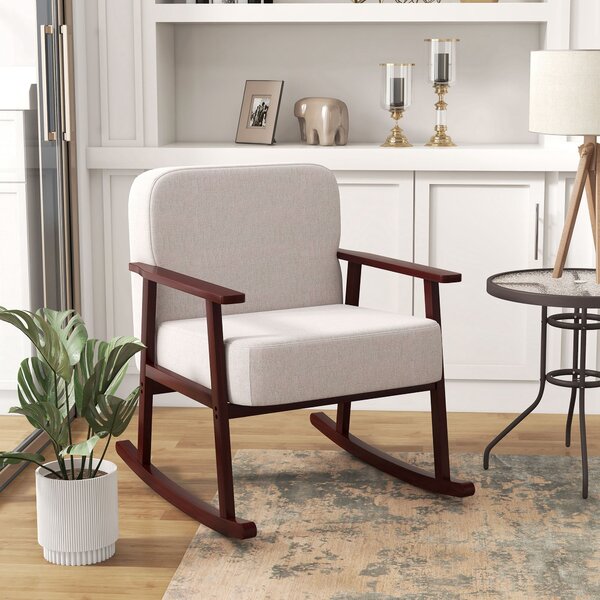 HOMCOM Poltrona a Dondolo in Tessuto Effetto Lino e Legno con Braccioli e Cuscini, 66x78x76 cm, Beige e Marrone|Aosom