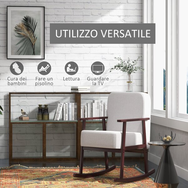 HOMCOM Poltrona a Dondolo in Tessuto Effetto Lino e Legno con Braccioli e Cuscini, 66x78x76 cm, Beige e Marrone|Aosom