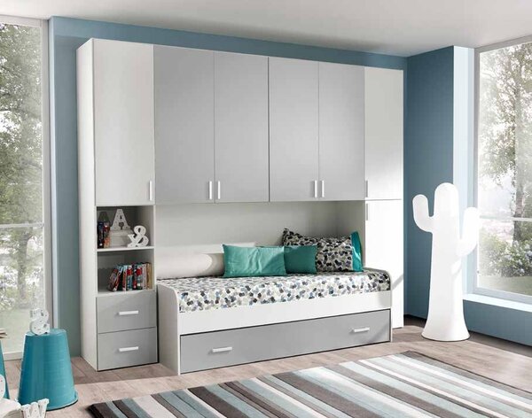 Camerette bambine, cameretta a ponte in finitura bianco frassinato e grigio