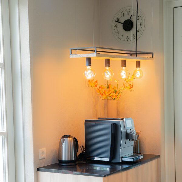 Lampada a sospensione industriale nera con legno 4 luci - Shelf