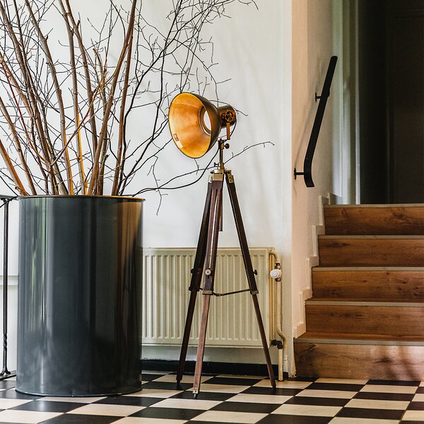 Lampada da terra a treppiede industriale bronzo con legno - Mangoes