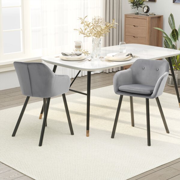HOMCOM Set 2 Sedie Moderne Imbottite in velluto con Braccioli e Cuscino, telaio in metallo e gambe in legno, per Sala da Pranzo, Grigio| Aosom Italy