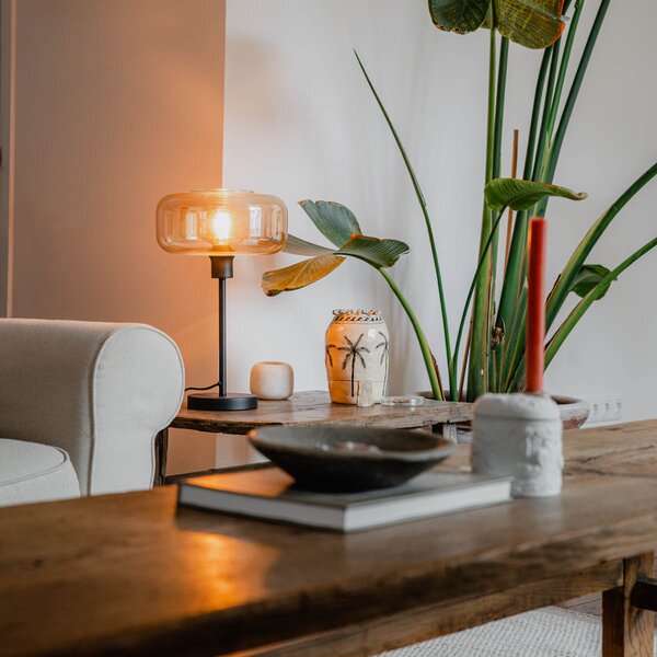Lampada da tavolo Art Déco nera con vetro ambrato - Bizle