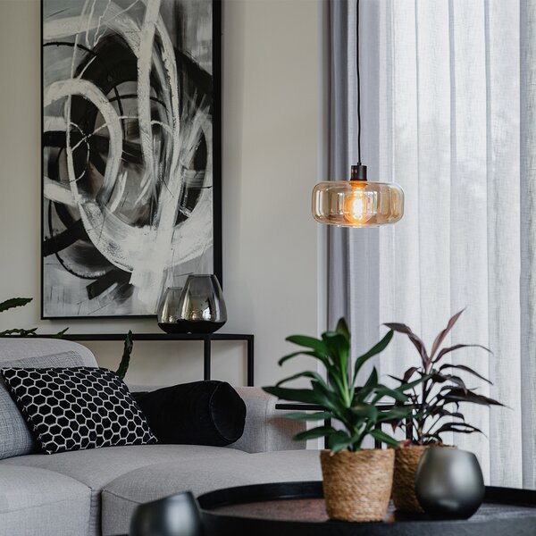 Lampada a sospensione smart nera con vetro ambrato incl. WiFi A60 - Bizle