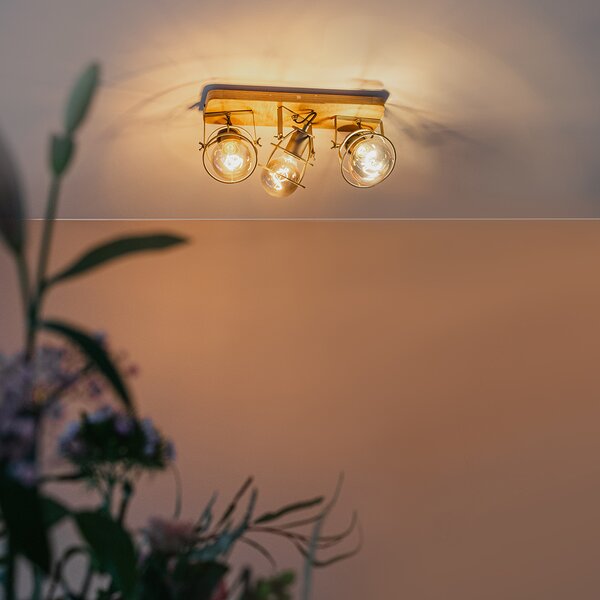 Faretto industriale grigio scuro con legno regolabile 3 luci - Arthur