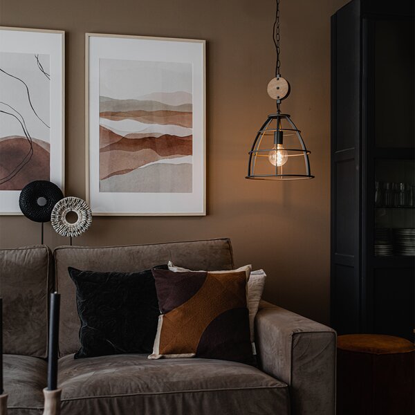 Lampada a sospensione industriale grigio scuro con legno 34 cm - Arthur