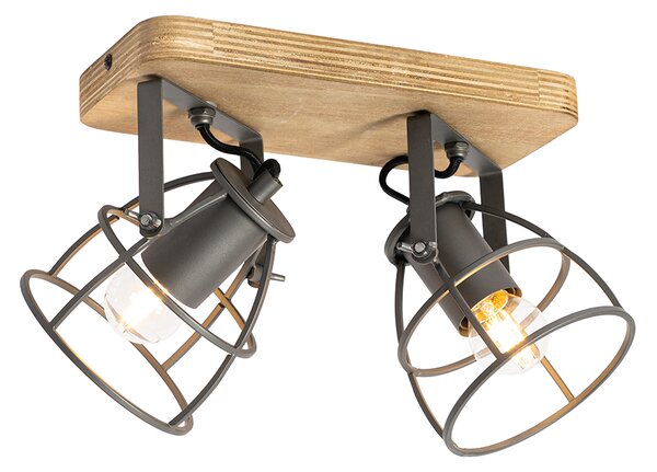 Faretto industriale grigio scuro con legno regolabile 2 luci - Arthur