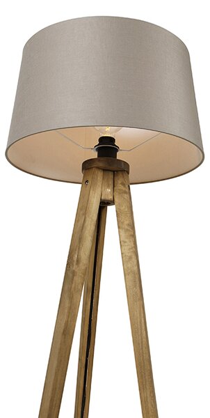 Lampada da terra a treppiede rustica vintage in legno con paralume in lino color tortora 45 cm - Tripod Classic
