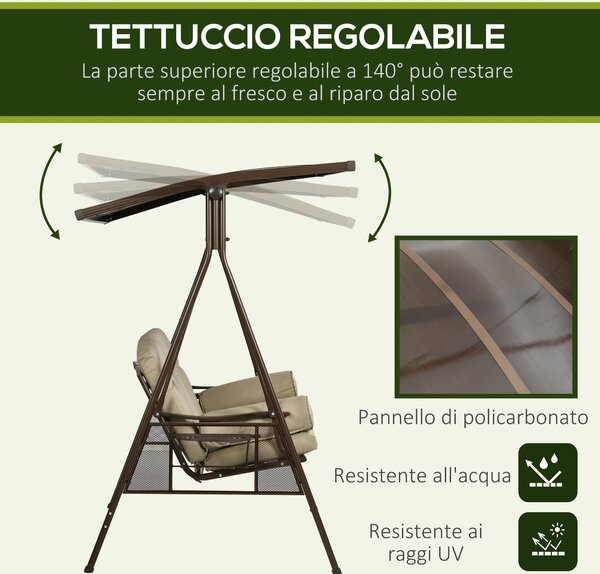 Outsunny Dondolo da Giardino 3 Posti in Acciaio con Tettuccio Inclinabile e Cuscini, 208x120x174 cm|Aosom