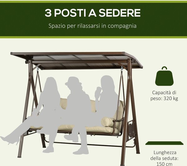 Outsunny Dondolo da Giardino 3 Posti in Acciaio con Tettuccio Inclinabile e Cuscini, 208x120x174 cm|Aosom