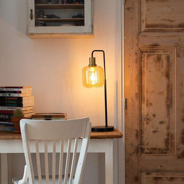 Lampada da tavolo di design nera con ottone e vetro ambrato - Zuzanna