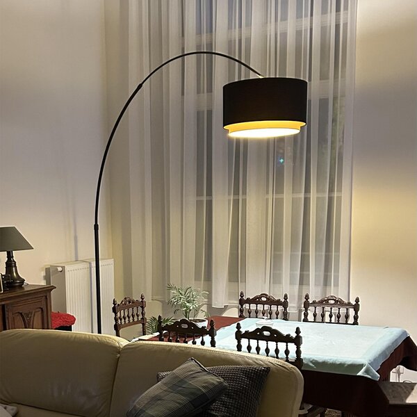 Lampada da terra ad arco moderna nera con doppio paralume nero e oro - XXL