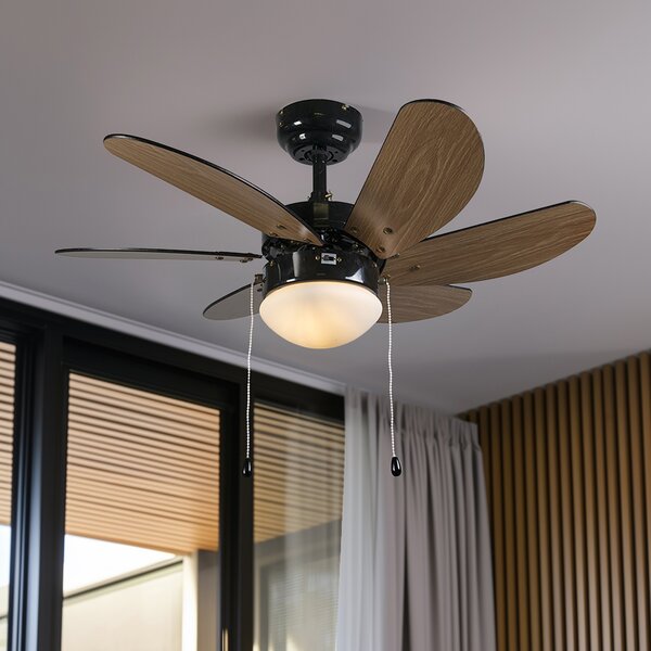 Ventilatore da soffitto nero con stampa legno 80 cm con cordino - Fresh
