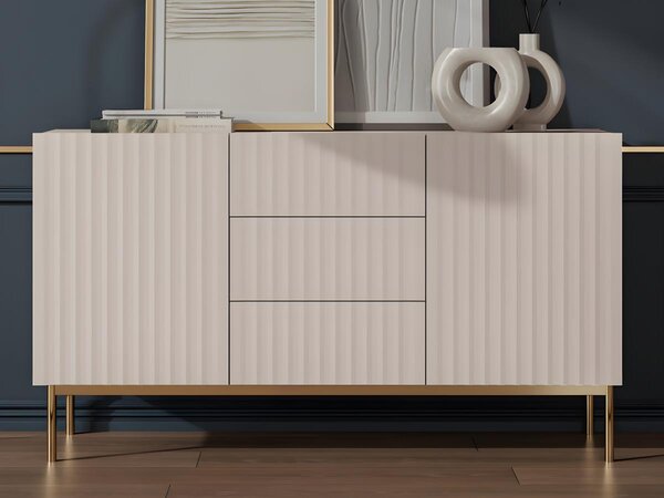 Credenza con 2 ante e 3 cassetti in MDF e Acciaio Beige e Dorato - EVILANA