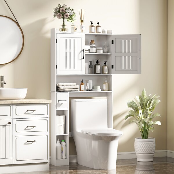HOMCOM Mobile Sopra WC con Armadietto a 2 Ante Ventilate e Ripiani Aperti, Barra Inferiore, 80x19.5x170 cm, Bianco | Aosom Italy