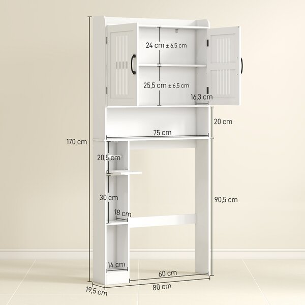 HOMCOM Mobile Sopra WC con Armadietto a 2 Ante Ventilate e Ripiani Aperti, Barra Inferiore, 80x19.5x170 cm, Bianco | Aosom Italy