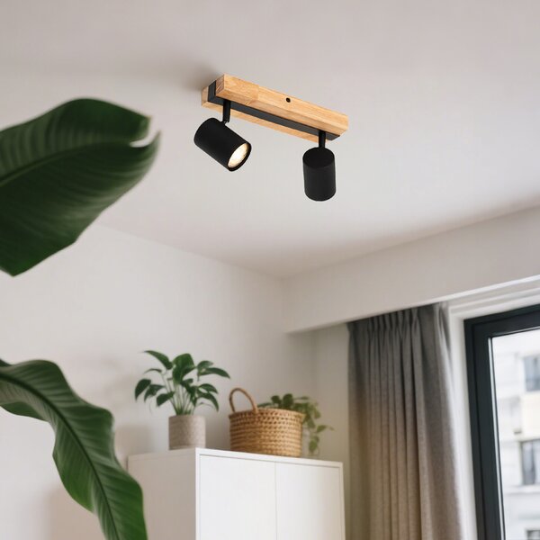 Plafoniera nera con legno 2 luci orientabile rettangolare - Jeana