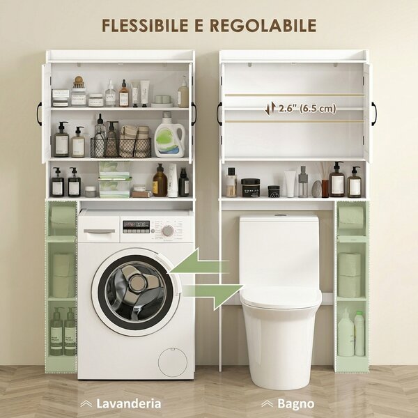 HOMCOM Mobile Sopra WC con Armadietto a 2 Ante Ventilate e Ripiani Aperti, Barra Inferiore, 80x19.5x170 cm, Bianco | Aosom Italy