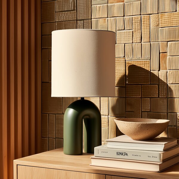 Lampada da tavolo di design verde con paralume in lino bianco - Lotti