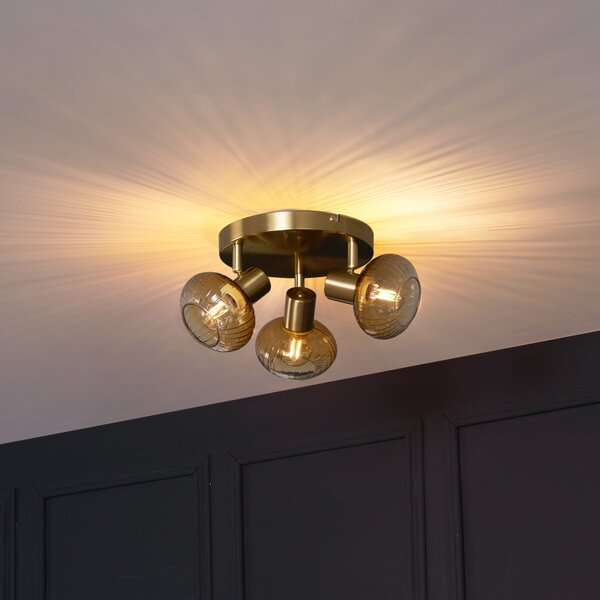 Faretto da soffitto moderno oro con vetro ambra rotondo 3 luci - Teddy
