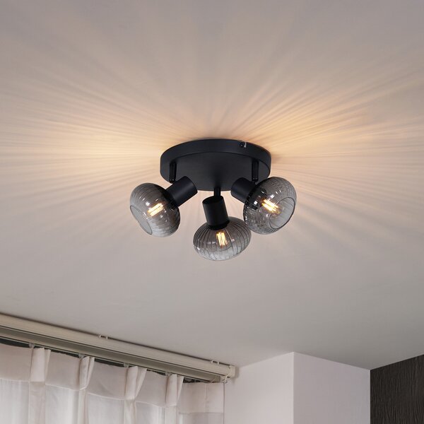 Faretto da soffitto moderno nero con vetro fumé rotondo a 3 luci - Teddy