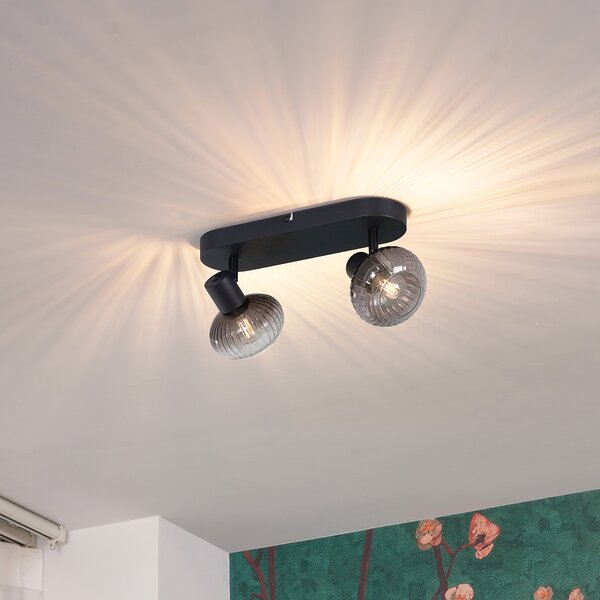 Faretto da soffitto rotondo nero con vetro fumé 2 luci - Teddy