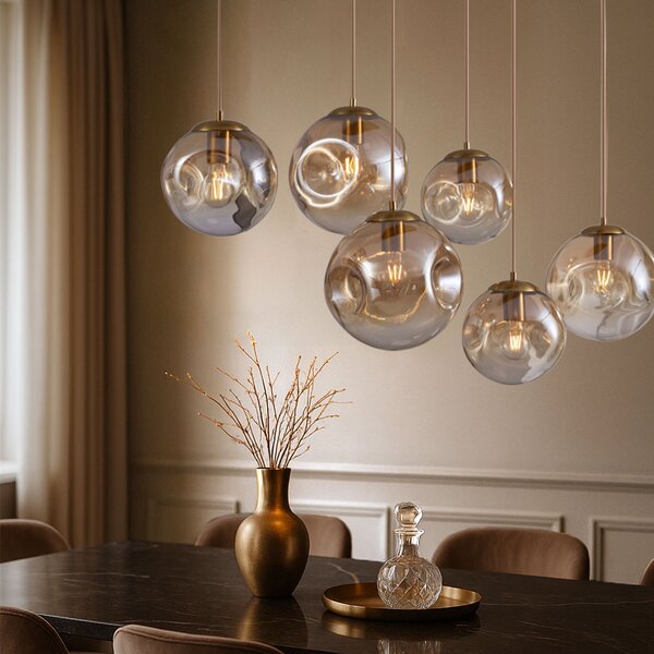 Lampada a sospensione Art Déco ottone con rosone ovale e vetro ambrato 6 luci - Douglass