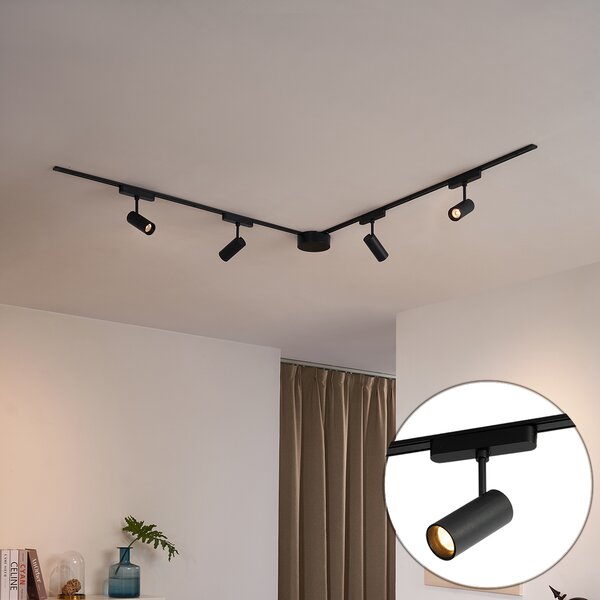Sistema di illuminazione su binario moderno con 4 faretti neri monofase 200 cm - Magnetic Gert
