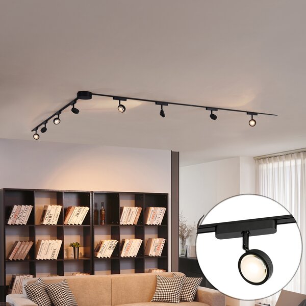 Sistema di illuminazione su binario moderno con 8 faretti neri monofase - Magnetic Lance