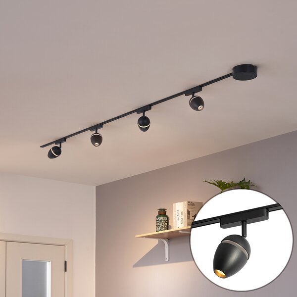 Sistema di illuminazione su binario moderno con 4 faretti neri monofase - Magnetic Eggy