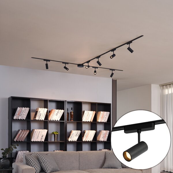 Sistema di illuminazione su binario moderno con 8 faretti neri monofase 400 cm - Magnetic Gert