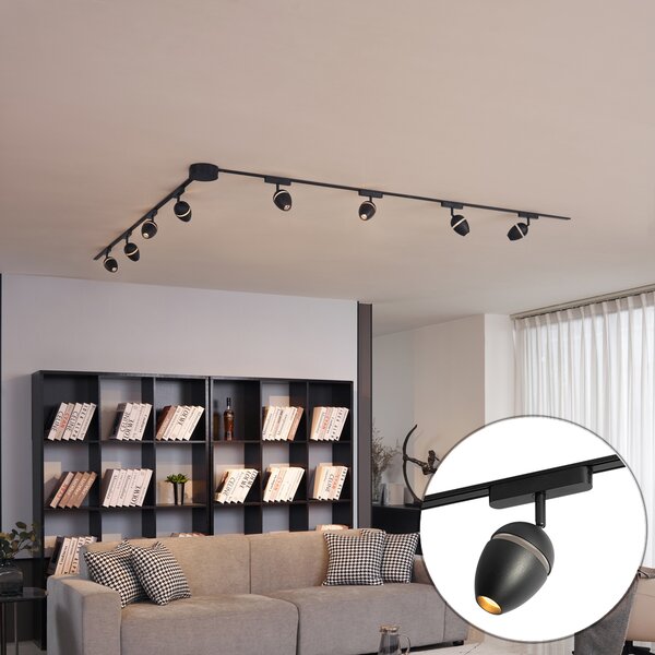Sistema di illuminazione su binario moderno con 8 faretti neri monofase - Magnetic Eggy