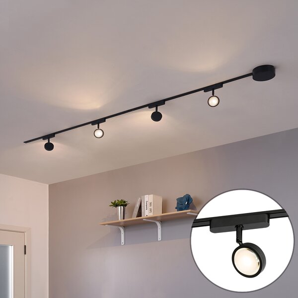 Sistema di illuminazione su binario moderno con 4 faretti neri monofase - Magnetic Lance