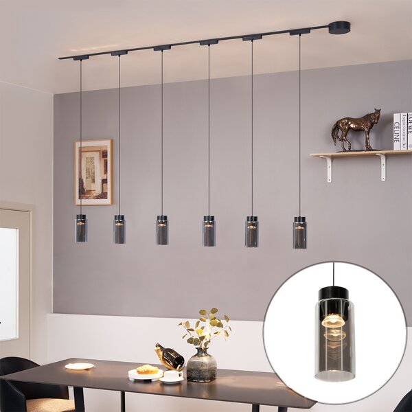 Sistema di illuminazione su binario moderno con 6 faretti a sospensione neri monofase - Magnetic Vance