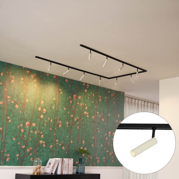 Sistema di illuminazione su binario moderno con 10 faretti beige e neri monofase - Slimline Uzzy