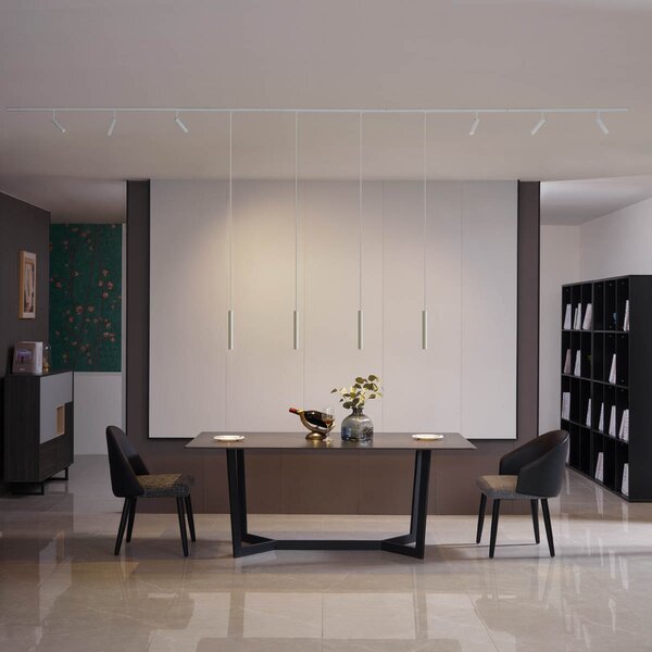 Sistema di illuminazione su binario moderno con 6 faretti e 4 luci a sospensione beige e bianche monofase - Slimline Uzzy Keno