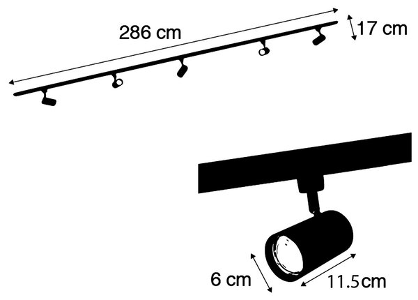 Sistema di illuminazione su binario moderno con 5 faretti neri fumé monofase - Iconic Jeana