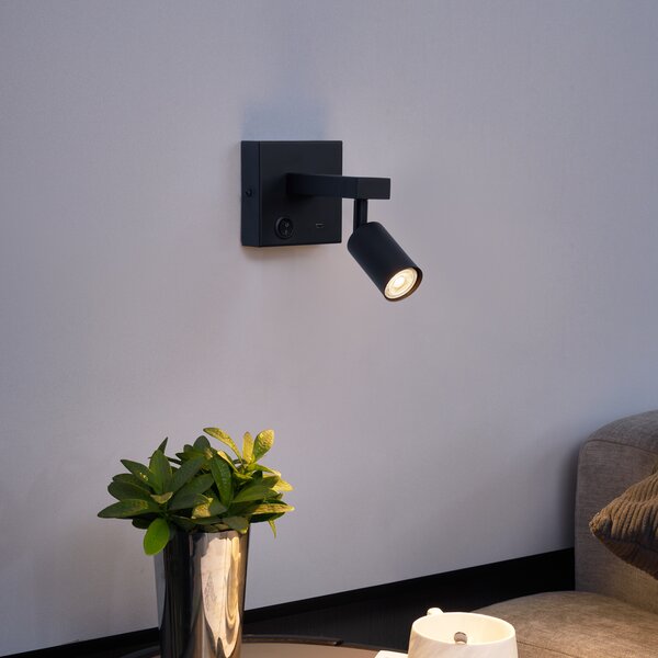 Lampada da parete nera moderna con USB-C inclinabile - Rex