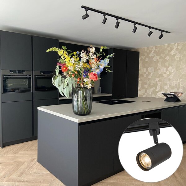 Sistema di illuminazione a binario moderno con 6 faretti neri monofase 200 cm - Iconic Jeana