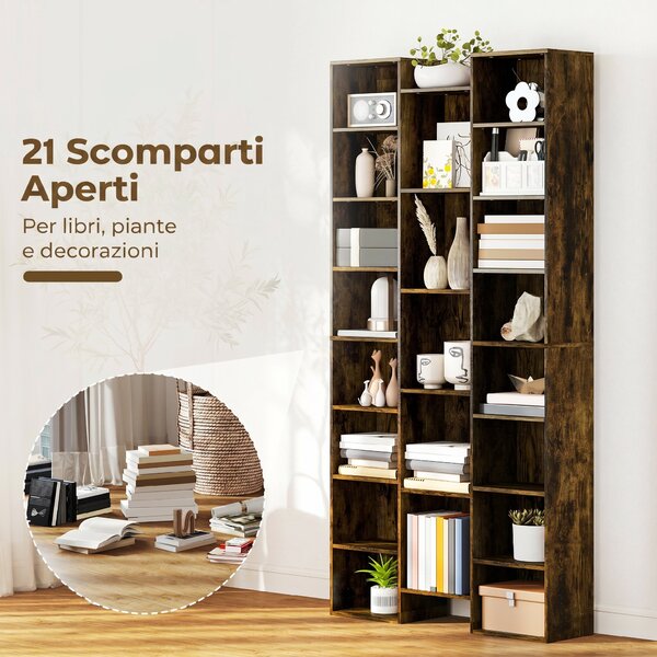 HOMCOM Libreria Moderna in Legno Alta 181 cm con 21 Scomparti e 10 Ripiani Regolabili, Marrone Rustico | Aosom Italy