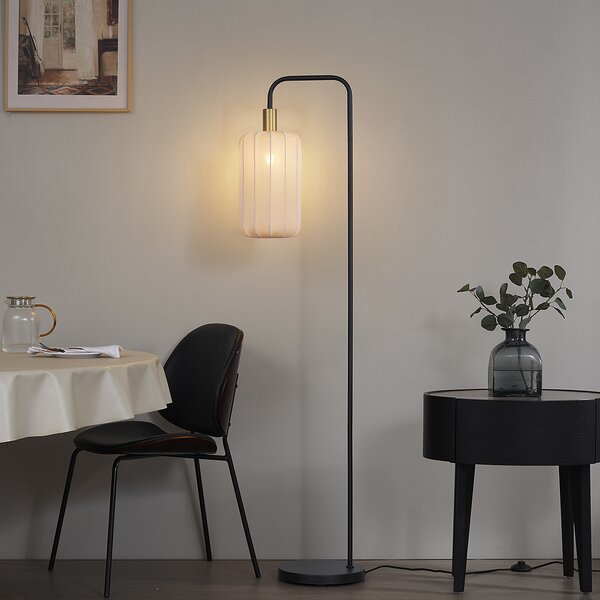 Lampada da terra Japandi nera con paralume oro e beige - Pluni
