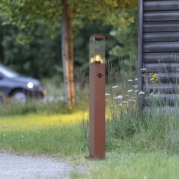 Lampada da esterno marrone ruggine con vetro trasparente 80 cm IP44 con presa e sensore di movimento - Malios