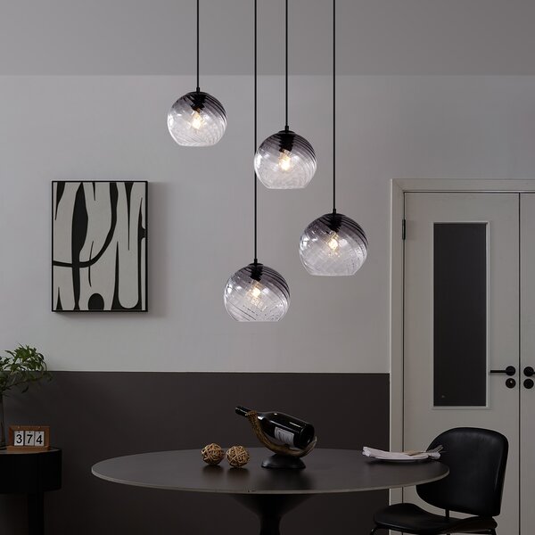 Lampada a sospensione Art Déco nera con vetro fumé rotondo a 4 luci - Bao