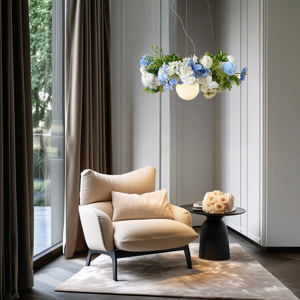 Lampada a sospensione bohémien nera con fiori colorati blu e bianco - Flower Power